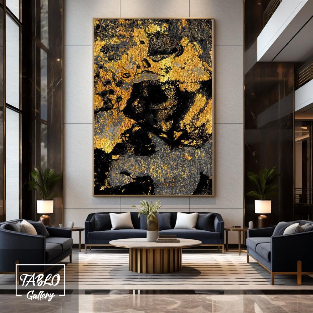 Siyah Gri Gold Püskürtme Efektli Soyut Yağlı Boya Dokulu Tablo