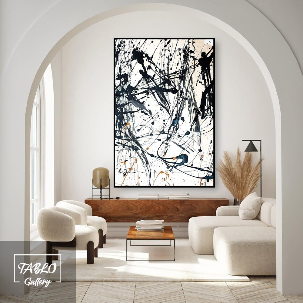 Siyah Turuncu Mavi Sıçramış Boya Efektli Soyut Yağlı Boya Dokulu Tablo