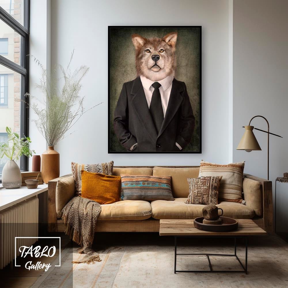 Takım Elbiseli Kurt Figürü Kanvas Tablo