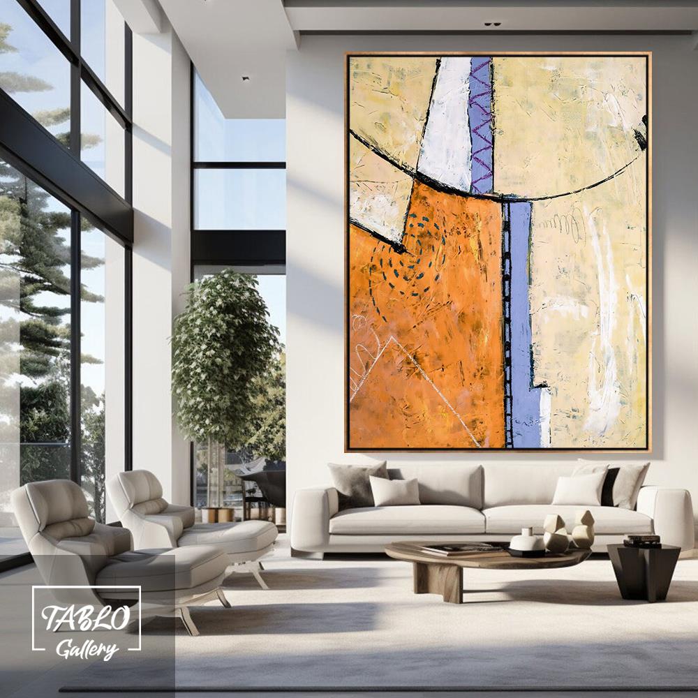 Turuncu Mavi Sarı Geometrik Şekiller Soyut Yağlı Boya Tablo