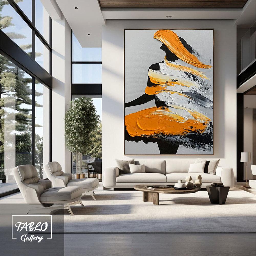 Turuncu TütsülüSoyut Balerin Figürlü 3D Yoğun Yağlı Boya Dokulu Tablolar