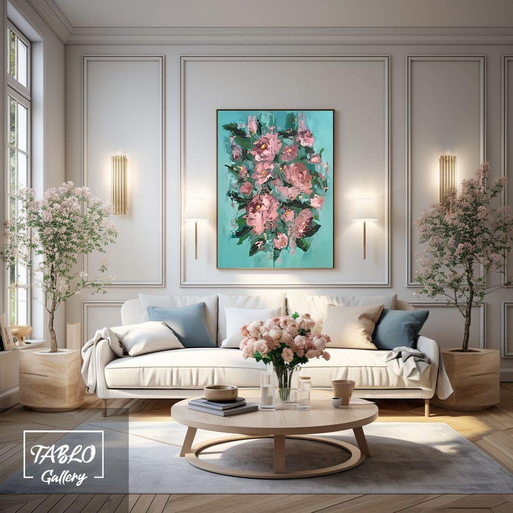 Yeşil Fon Üzerinde Pembe Zambaklar Yağlı Boya Tablo