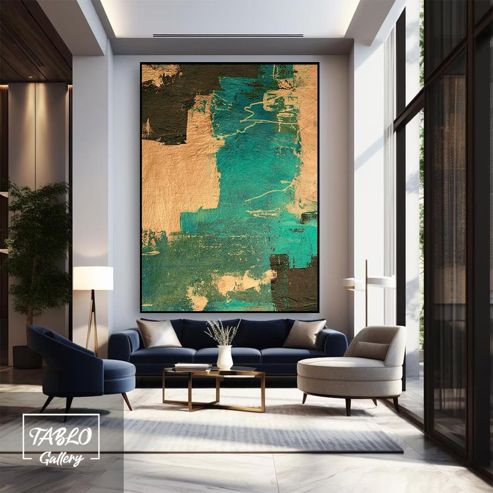 Yeşil Gold Siyah Geçişli Soyut Yağlı Boya Dokulu Tablo