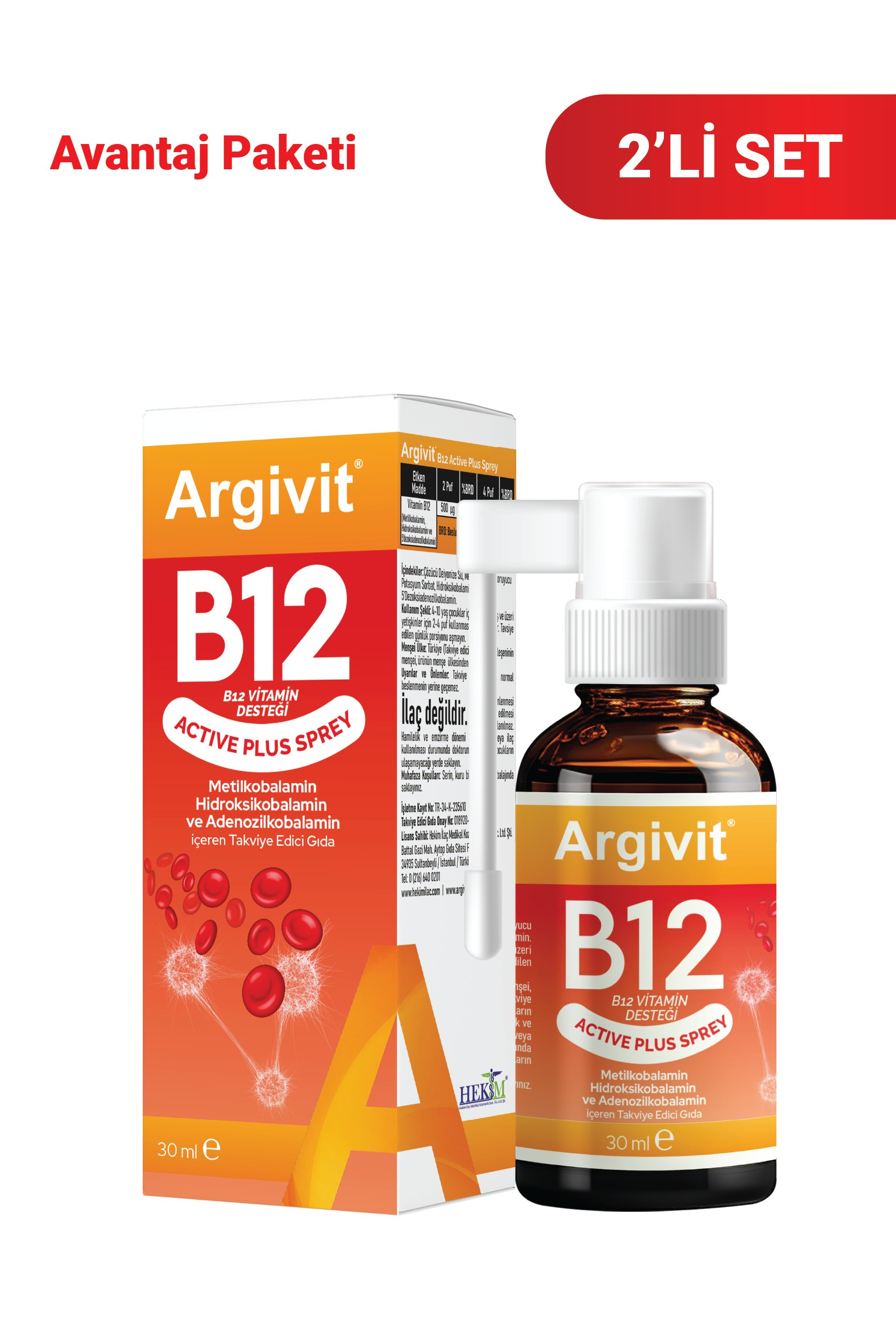 Argivit Active Plus B12 Vitamin 2'li Paket (Metilkobalamin, Hidroksikobalamin ve Adenozilkobalamin) Sprey 30 ml