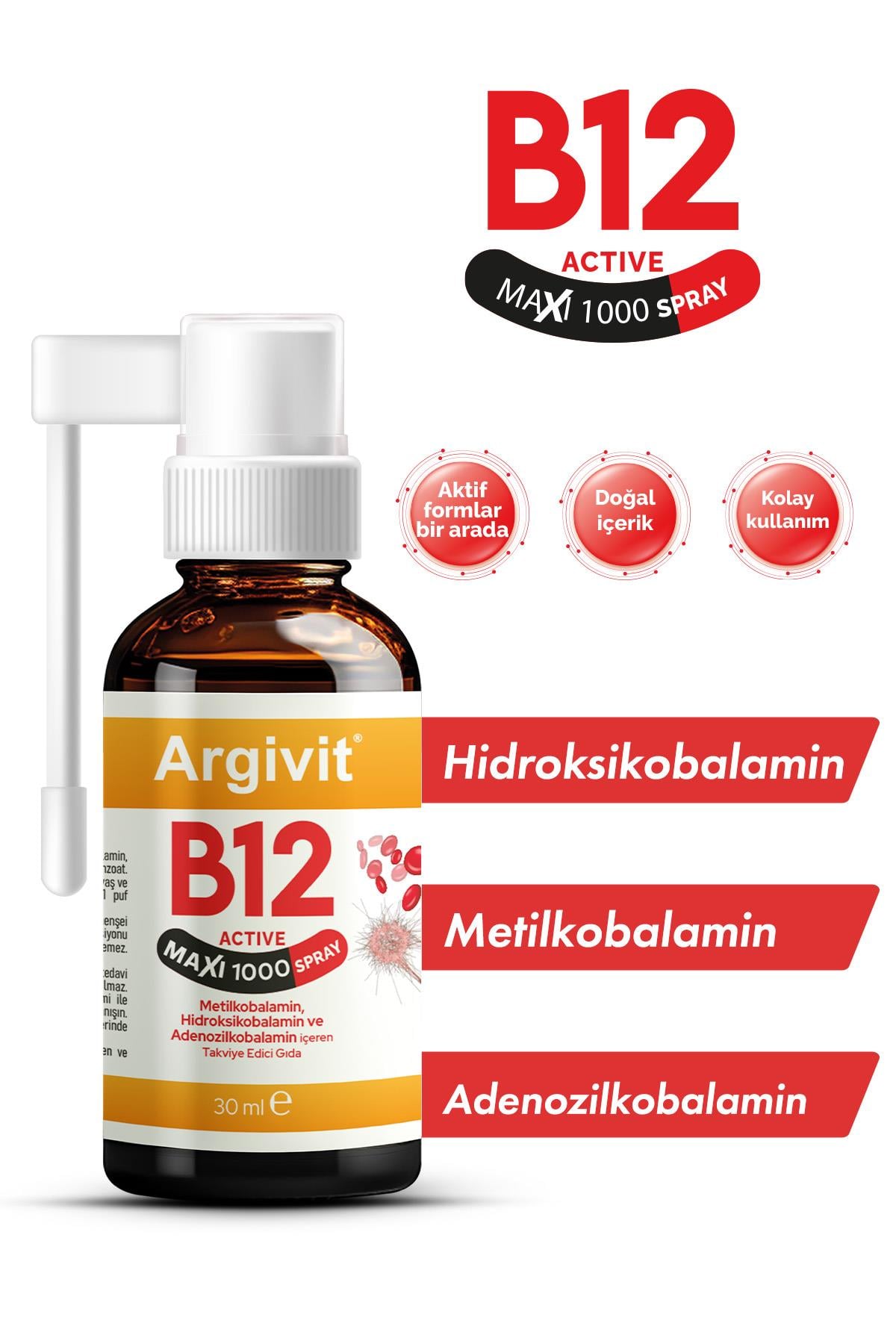 Argivit B12 Active Maxi 1000 Sprey 30 ML (Metilkobalamin, Hidroksikobalamin ve Adenozilkobalamin)