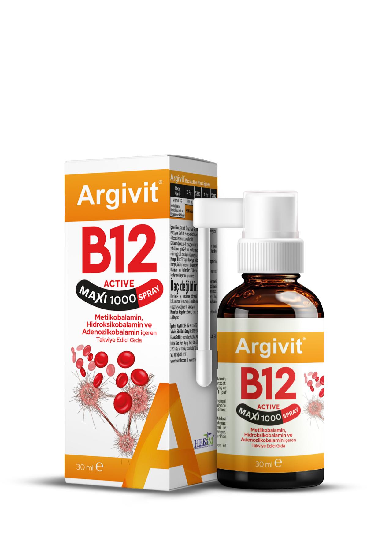 Argivit B12 Active Maxi 1000 Sprey 30 ML (Metilkobalamin, Hidroksikobalamin ve Adenozilkobalamin)