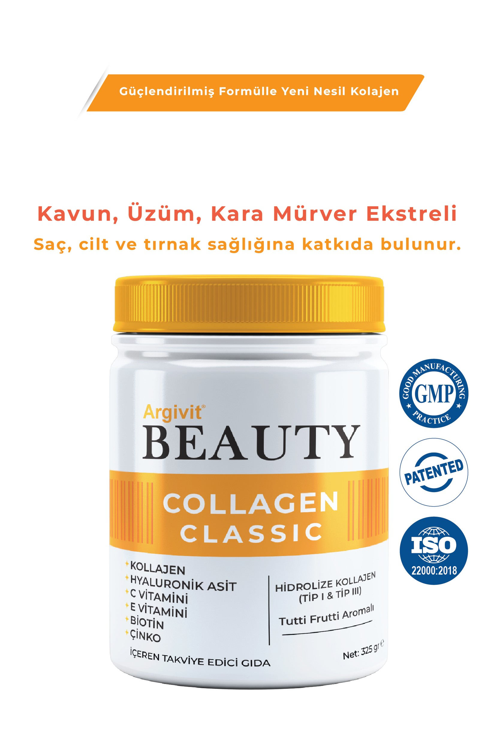 Argivit Beauty Collagen Classic Takviye Edici Gıda (Kolajen, Hyaluronik Asit, Vitamin C, Vitamin E, Biotin, Çinko, Kavun, Üzüm, Kara Mürver) 325 gr