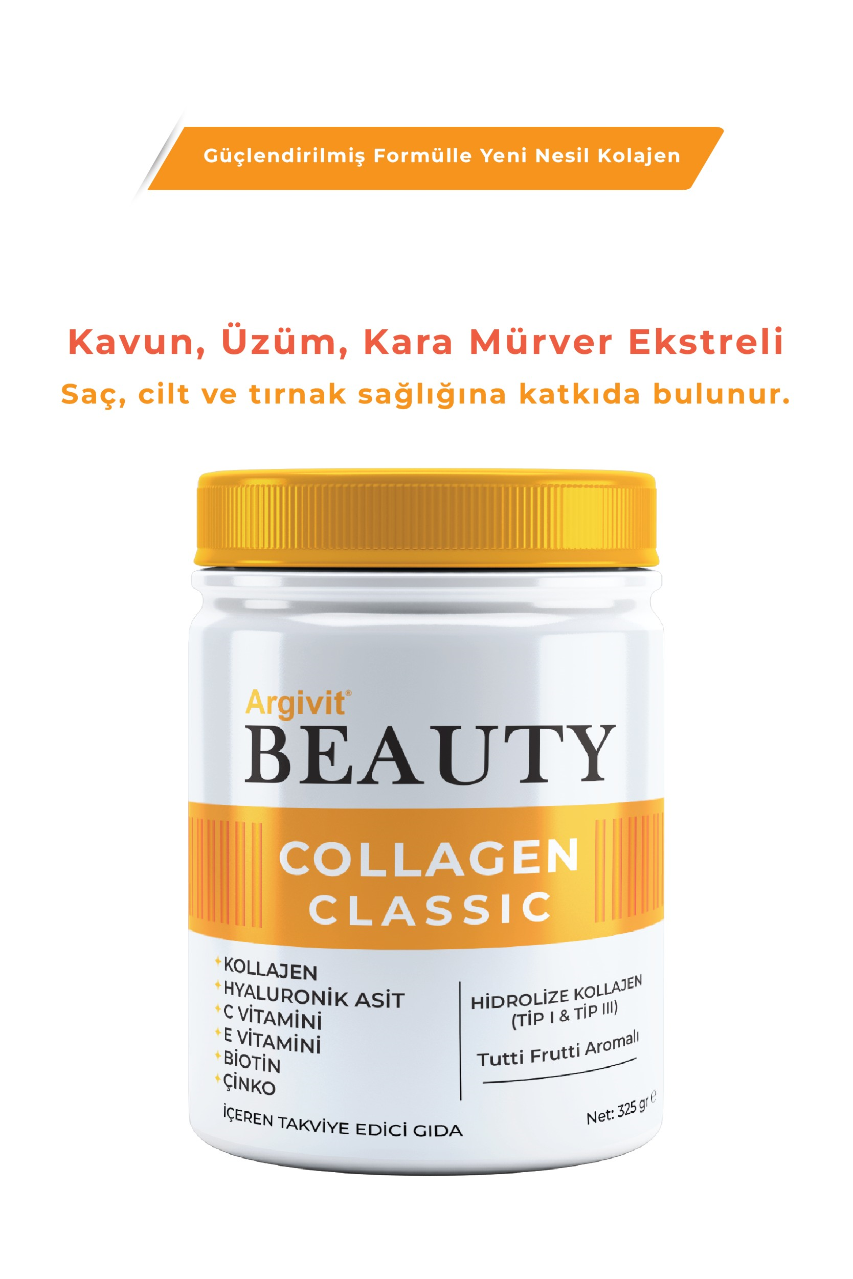 Argivit Beauty Collagen Classic Takviye Edici Gıda (Kolajen, Hyaluronik Asit, Vitamin C, Vitamin E, Biotin, Çinko, Kavun, Üzüm, Kara Mürver) 325 gr