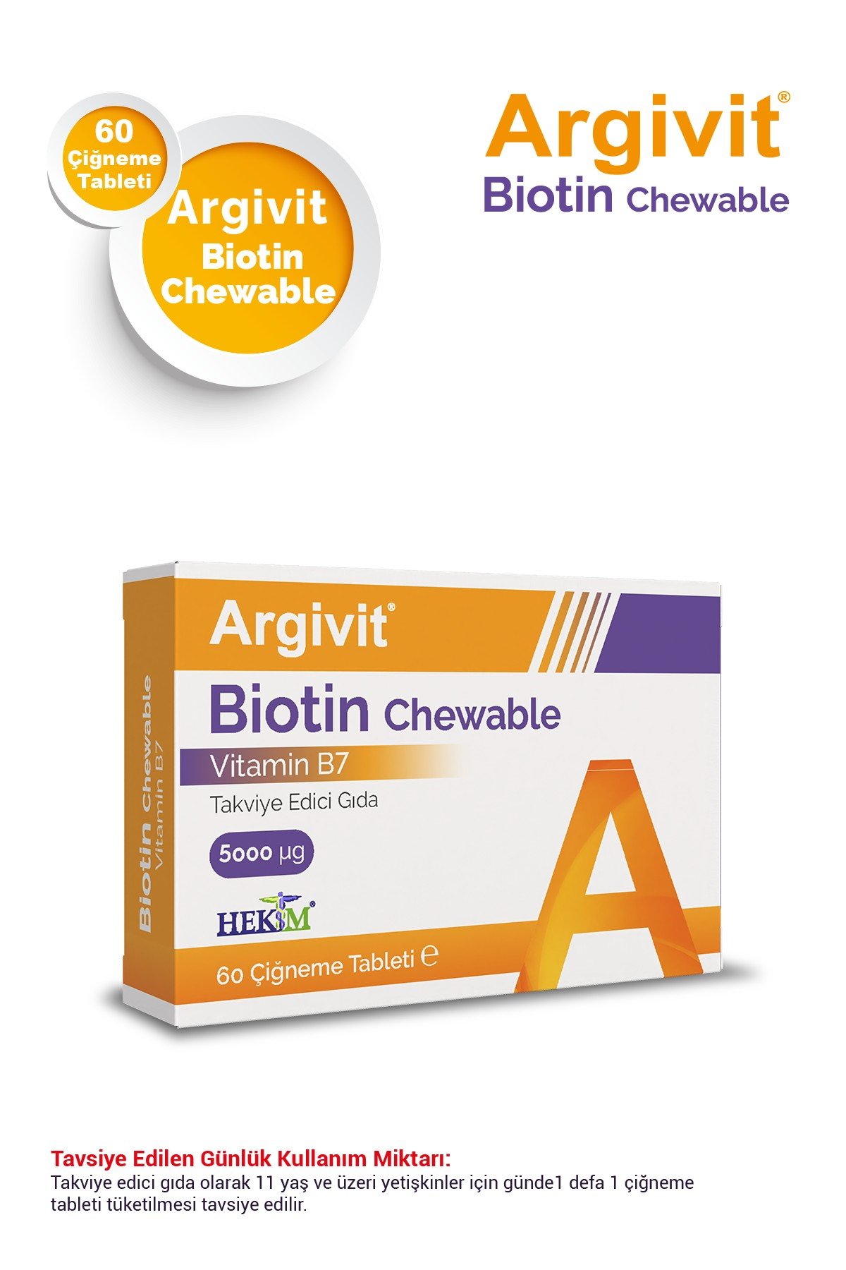 Argivit Biotin Chewable (B7 Vtitamini) İçeren Takviye Edici Gıda 60 Çiğneme Tableti