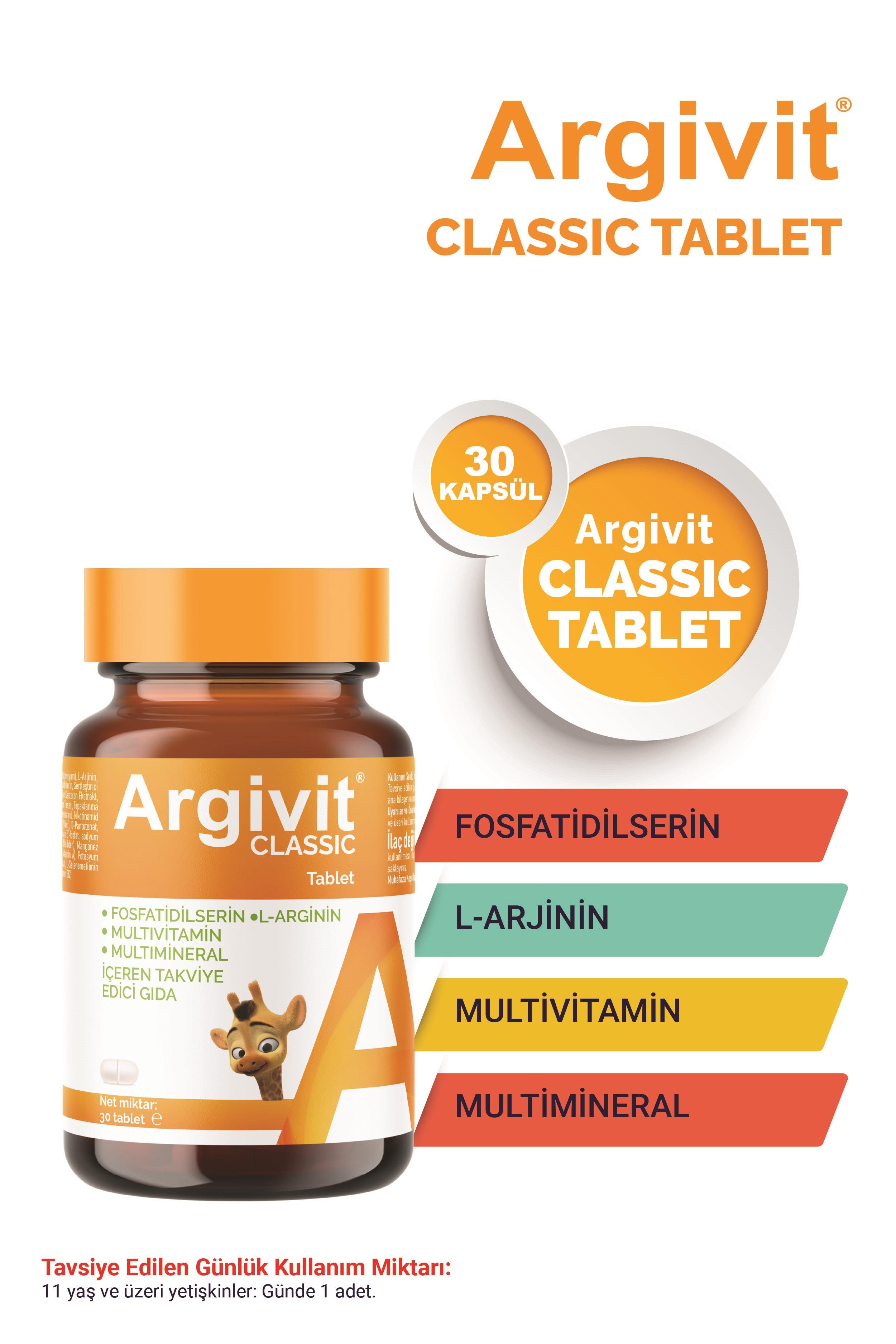 Argivit Classic Fosfotidilserin, L-Arjinin, Multivitamin ve Multimineral İçeren Tablet 30 Tablet