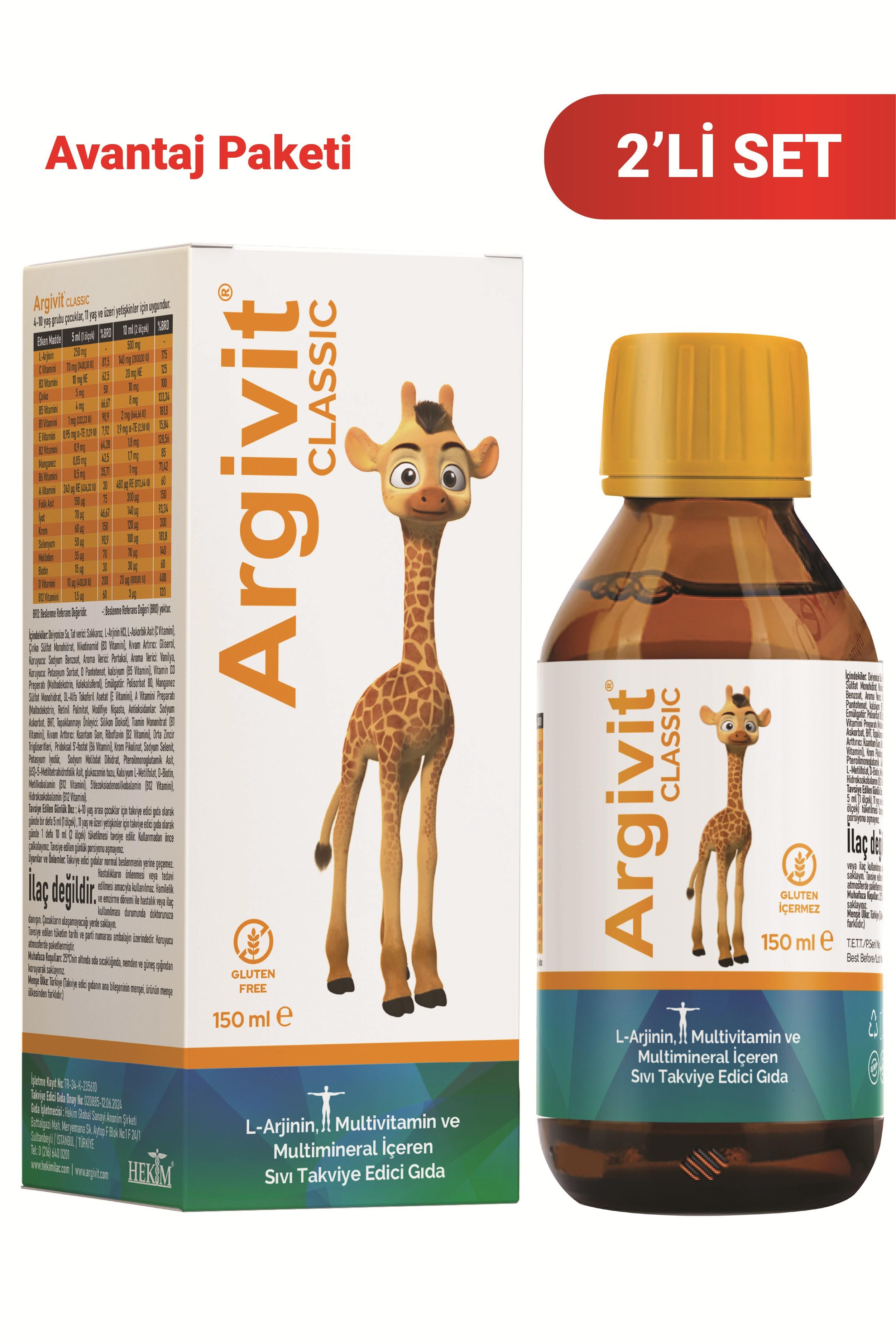 Argivit Classic L-Arjinin, Multivitamin ve Multimineral İçeren Sıvı 150 ml 2li Paket - Portakal ve Vanilya Aromalı