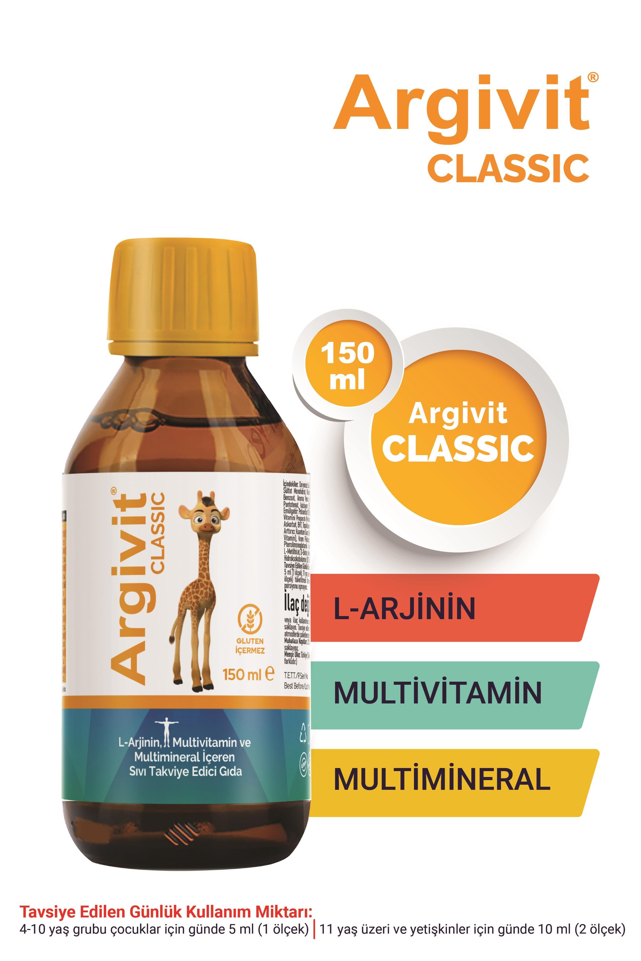 Argivit Classic L-Arjinin, Multivitamin ve Multimineral İçeren Sıvı 150 ml 2li Paket - Portakal ve Vanilya Aromalı