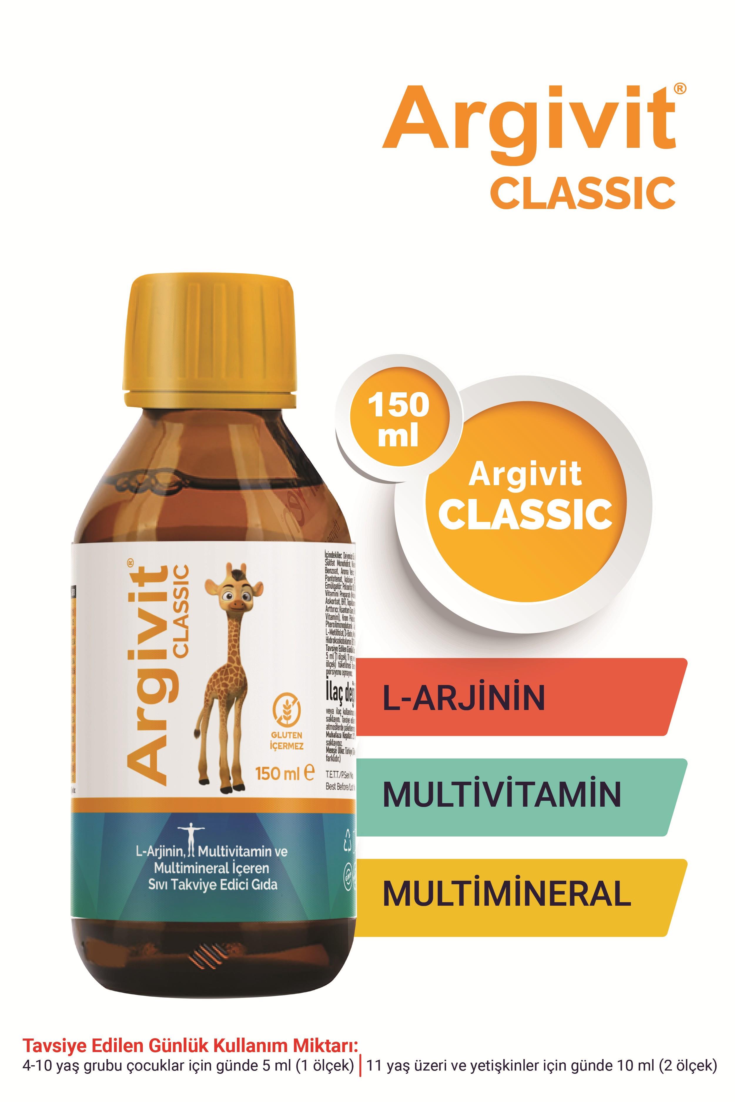 Argivit Classic L-Arjinin, Multivitamin ve Multimineral İçeren Sıvı 150 ml - Portakal ve Vanilya Aromalı