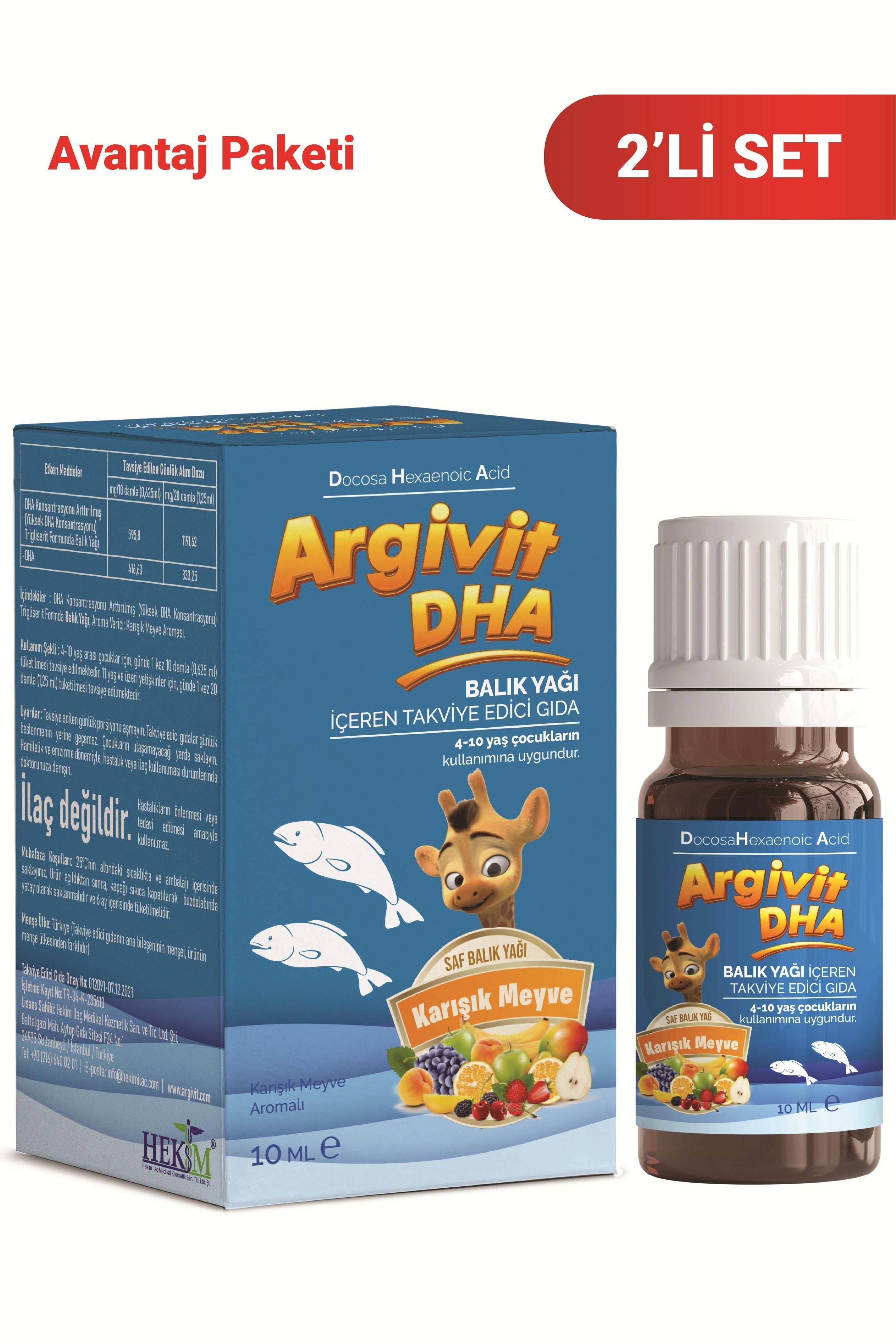 Argivit DHA 10 ml Damla Balık Yağı İçeren Takviye Edici Gıda 2’li Paket - Karışık Meyve Aromalı 