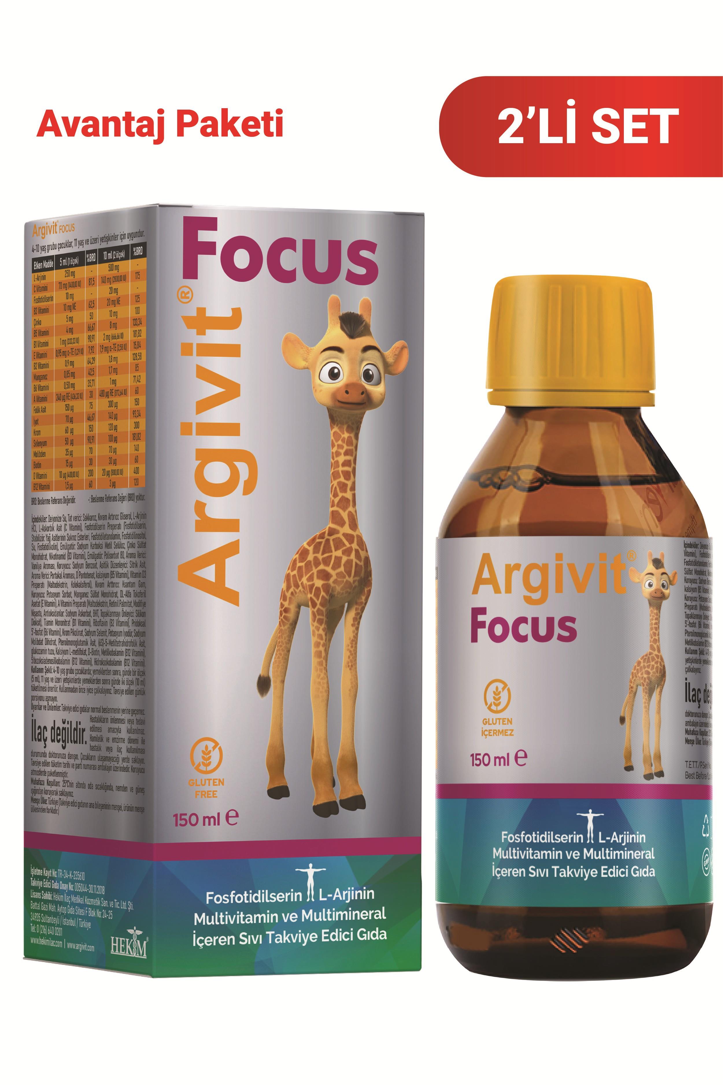 Argivit Focus Fosfotidilserin, L-Arjinin, Multivitamin ve Multimineral İçeren Sıvı 2’li Paket 150 ml - Portakal ve Vanilya Aromalı