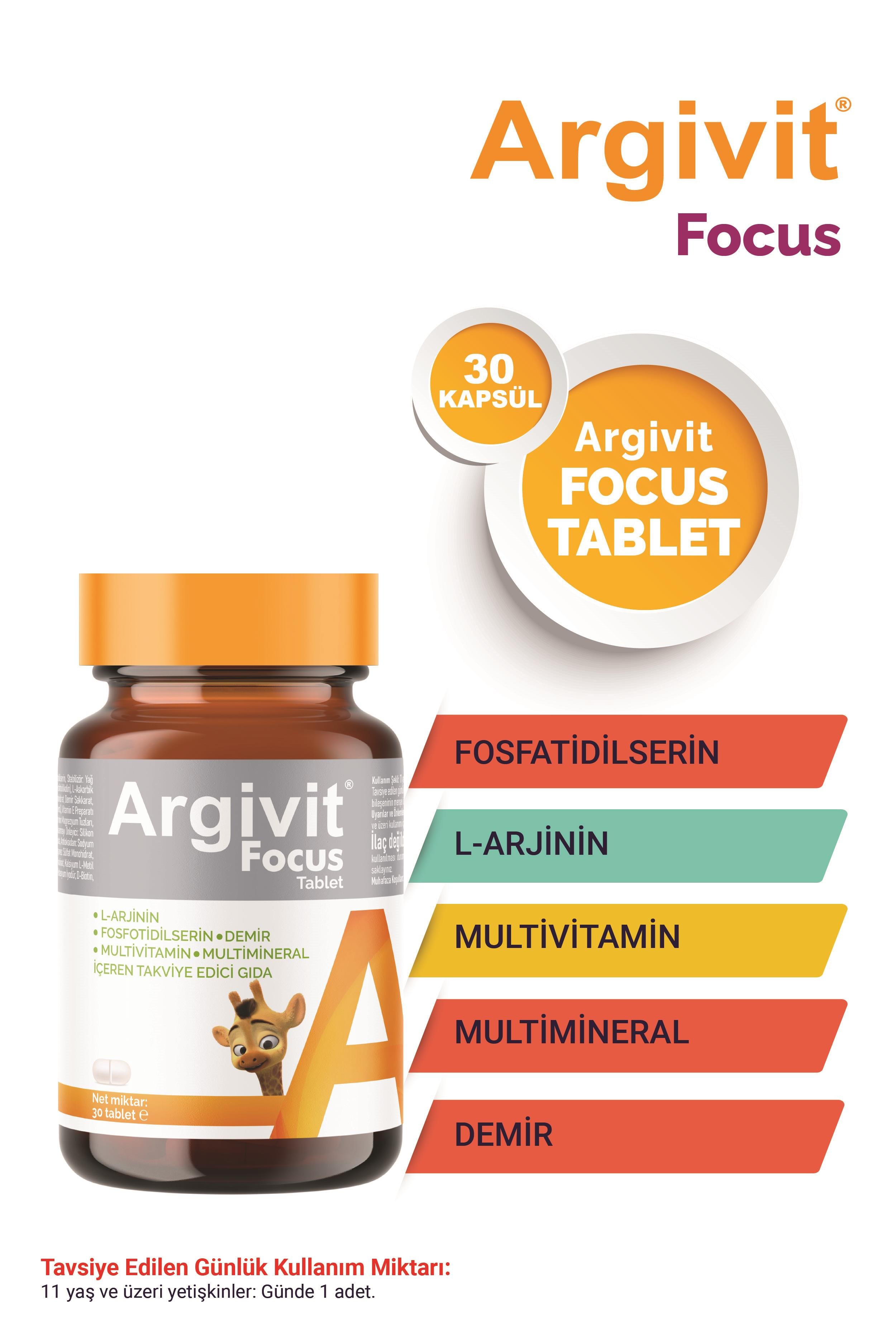 Argivit Focus L-Arjinin, Fosfotidilserin, Demir, Multivitamin ve Multimineral İçeren Tablet 30 Tablet