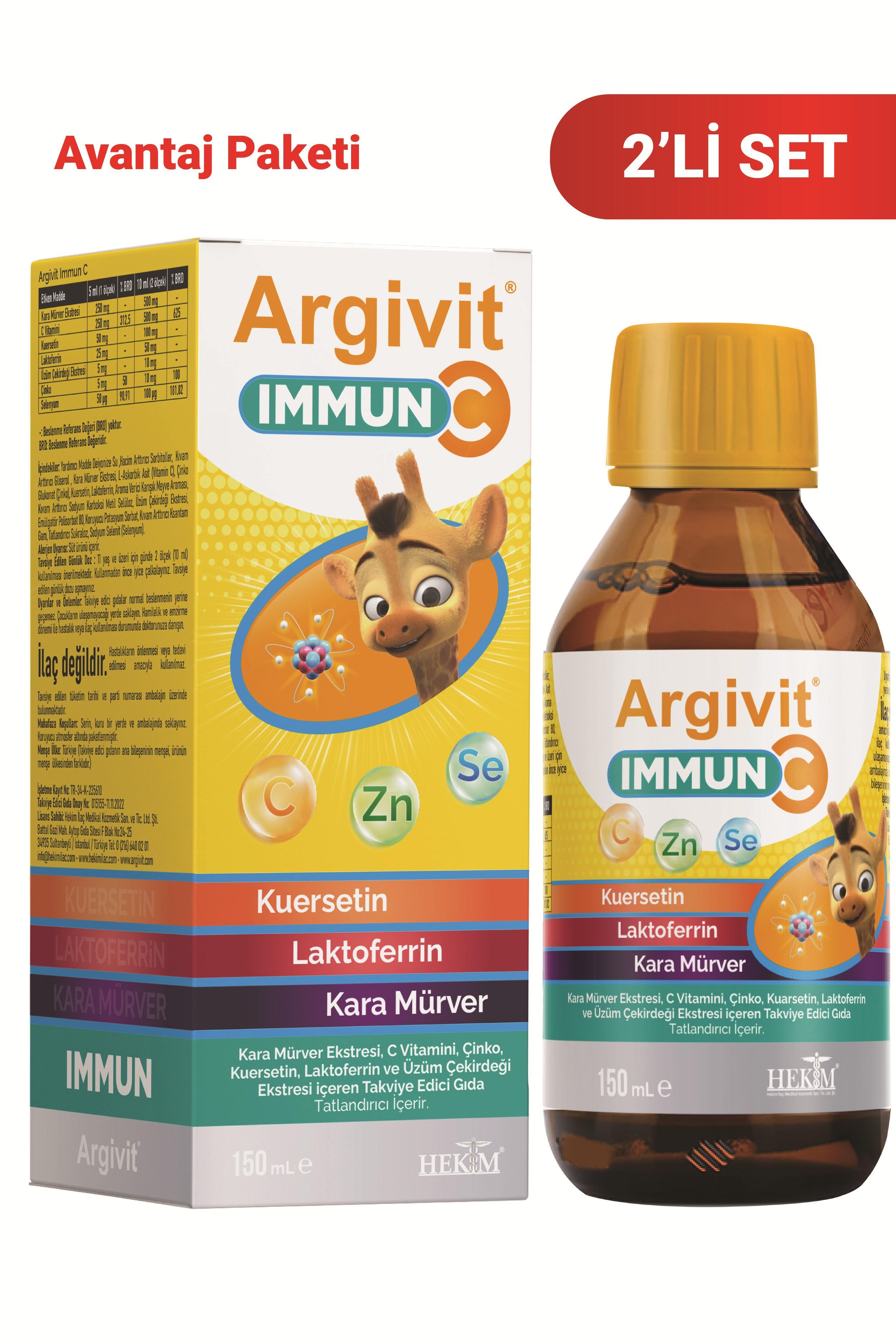 Argivit Immun C Şurup 2’li Paket ( Kara Mürver, C Vitamini, Çinko, Kuersetin, Laktoferrin, Üzüm ) 150 ml - Karışık Meyve Aromalı