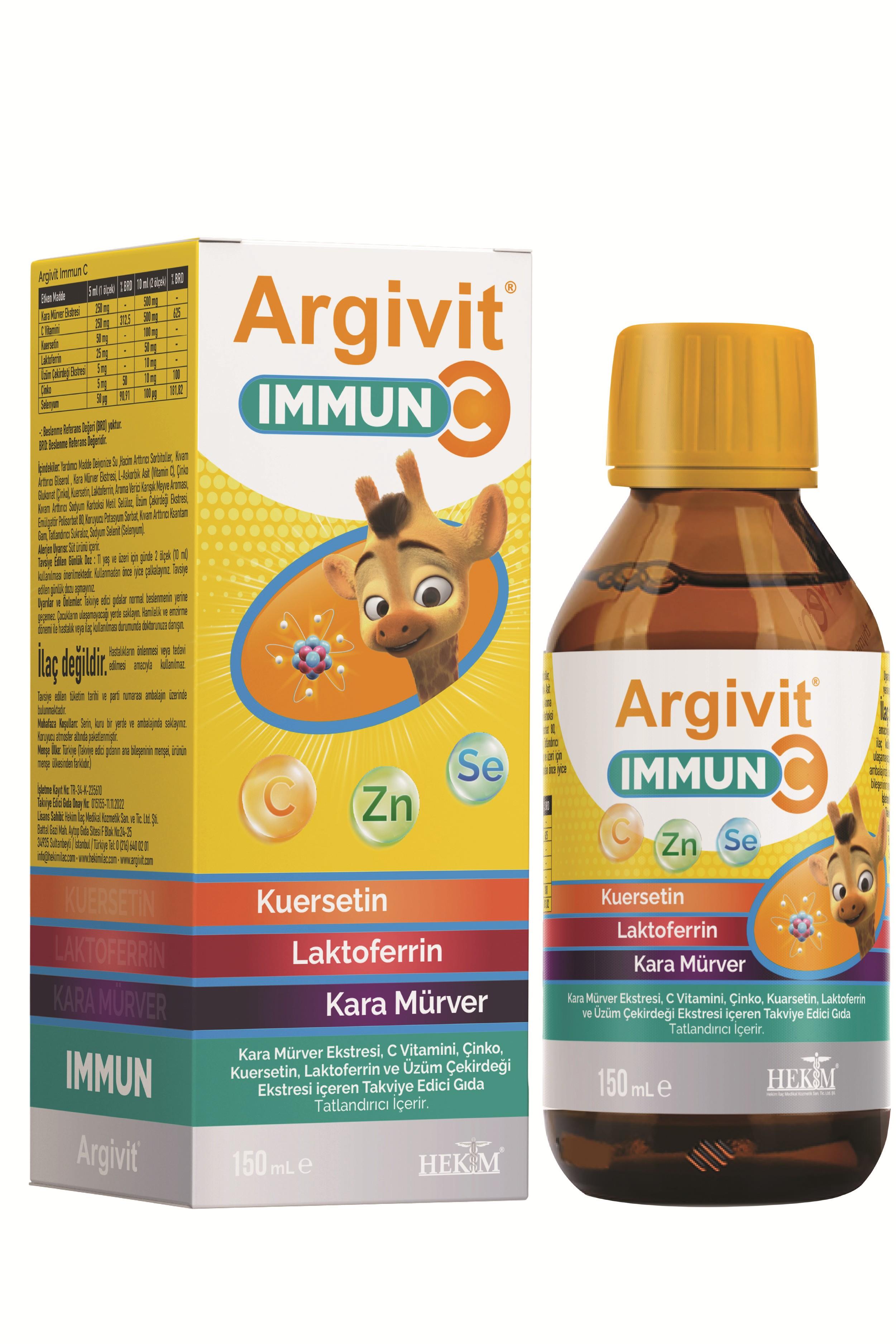 Argivit Immun C Şurup 2’li Paket ( Kara Mürver, C Vitamini, Çinko, Kuersetin, Laktoferrin, Üzüm ) 150 ml - Karışık Meyve Aromalı