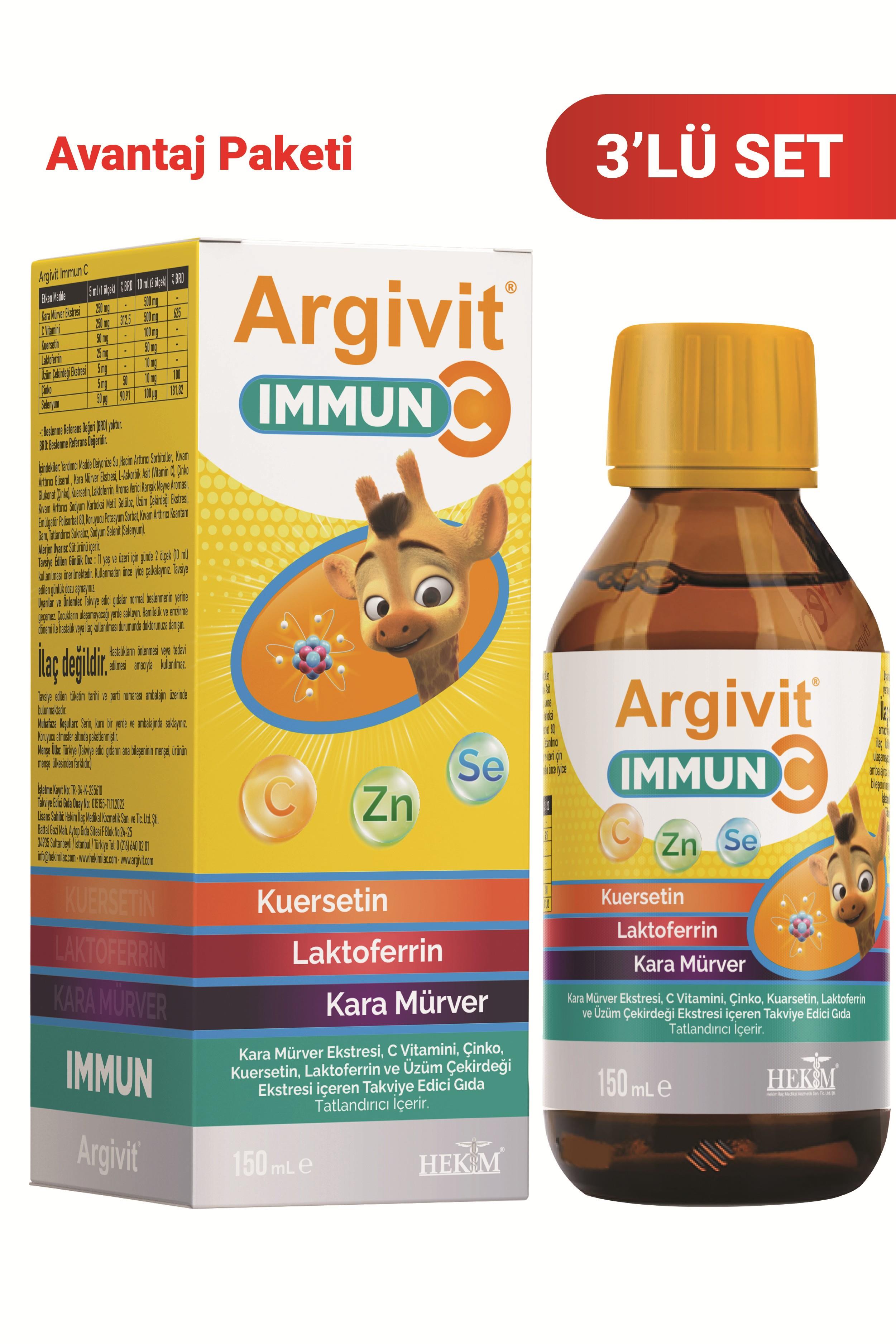 Argivit Immun C Şurup 3’lü Paket ( Kara Mürver, C Vitamini, Çinko, Kuersetin, Laktoferrin, Üzüm ) 150 ml - Karışık Meyve Aromalı