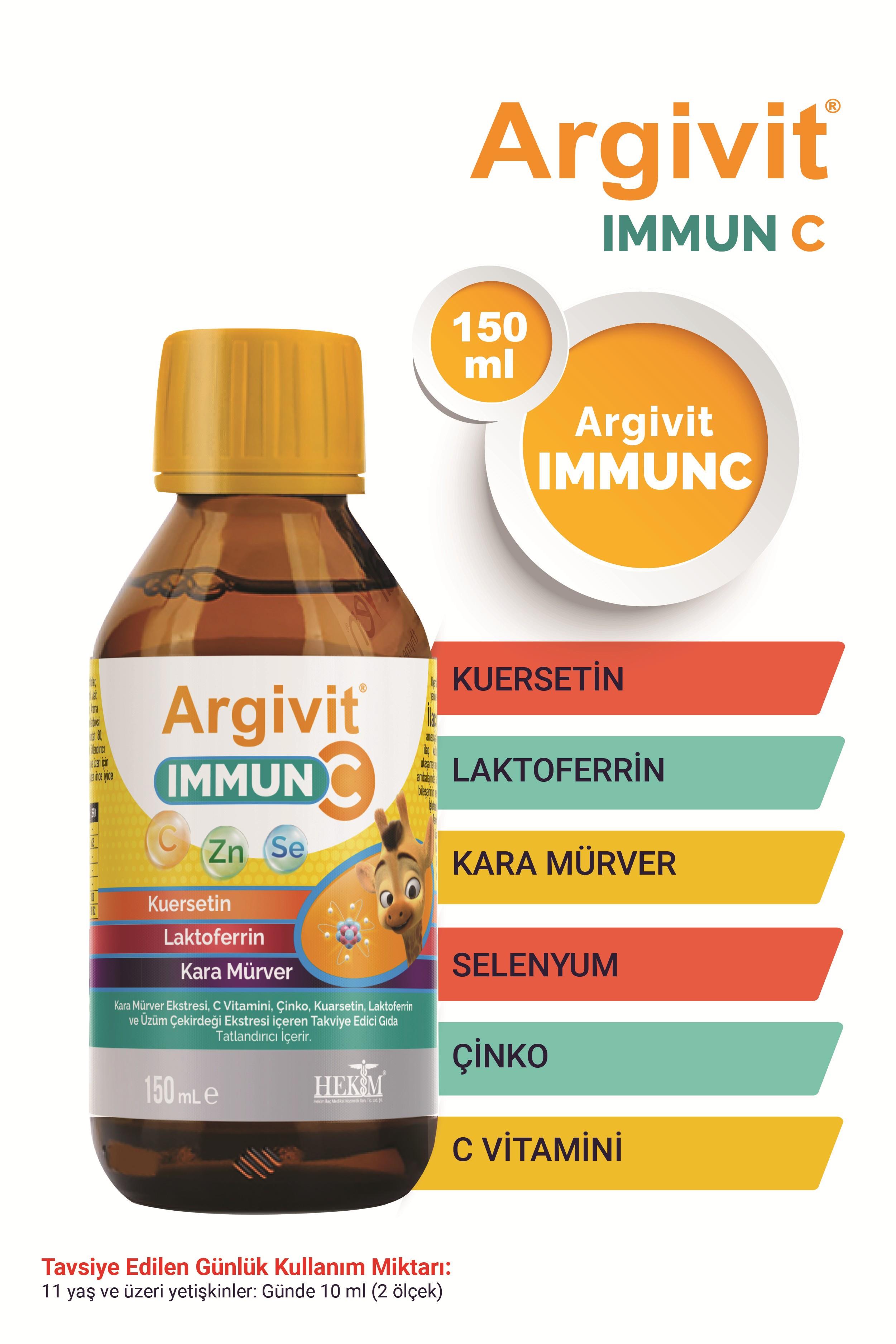 Argivit Immun C Şurup ( Kara Mürver, C Vitamini, Çinko, Kuersetin, Laktoferrin, Üzüm ) 150 ml - Karışık Meyve Aromalı
