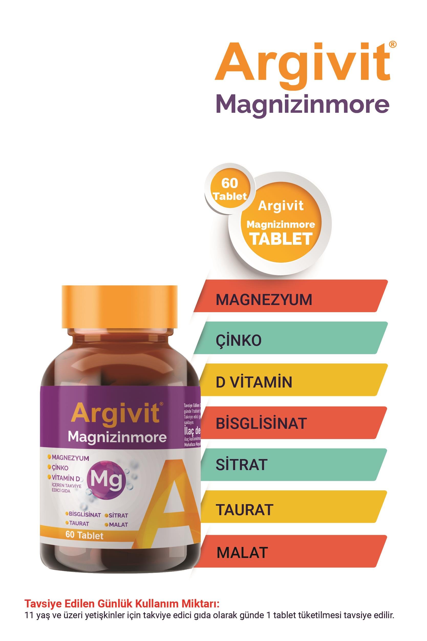 Argivit Magnizinmore Magnezyum, Çinko ve Vitamin D İçeren Takviye Edici Gıda 60 Tablet