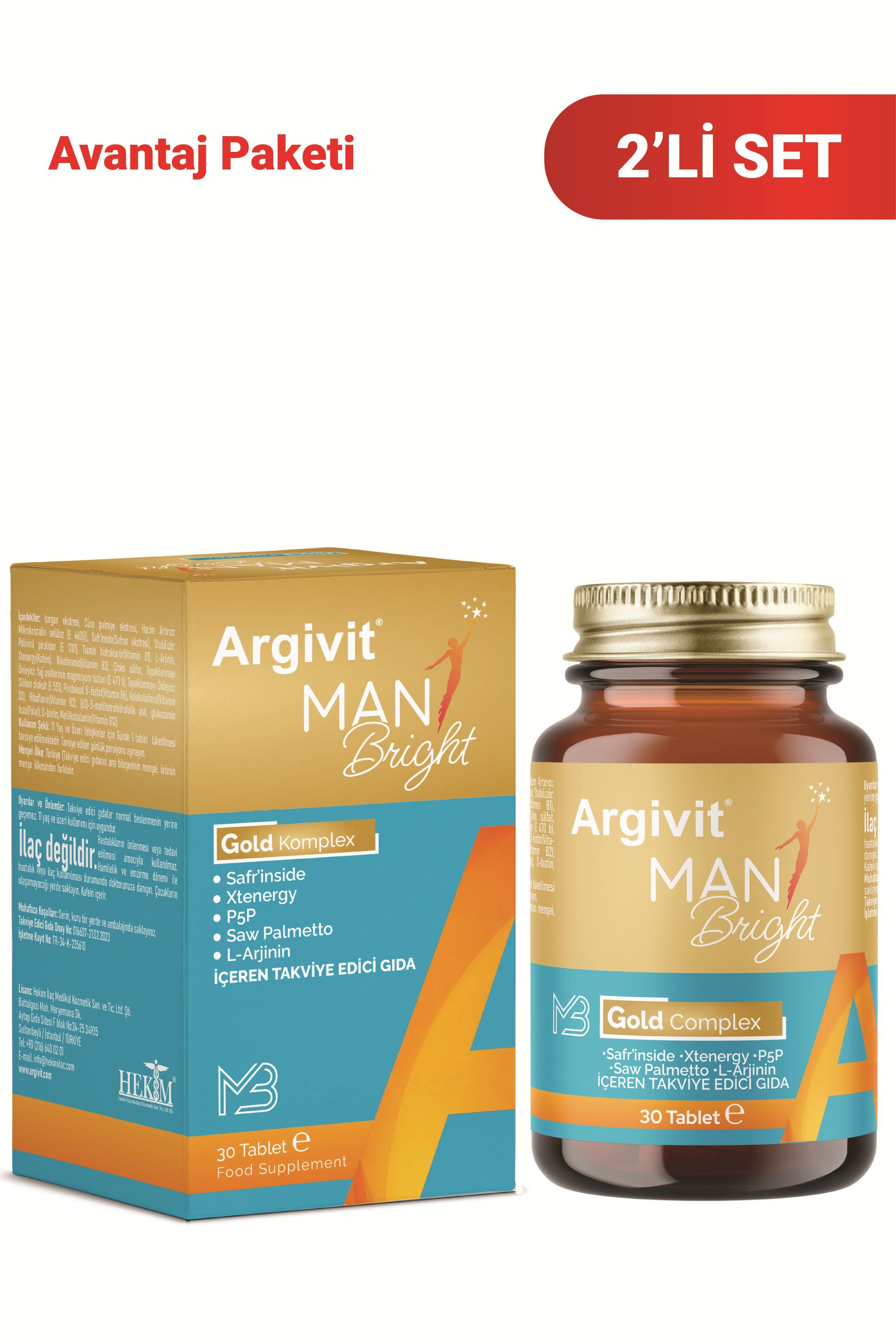 Argivit Man Bright Tablet 2’li Paket ( Cüce Palmiye (Saw Palmetto), Safran, Isırgan ve L-Arjinin ) 30 Tablet