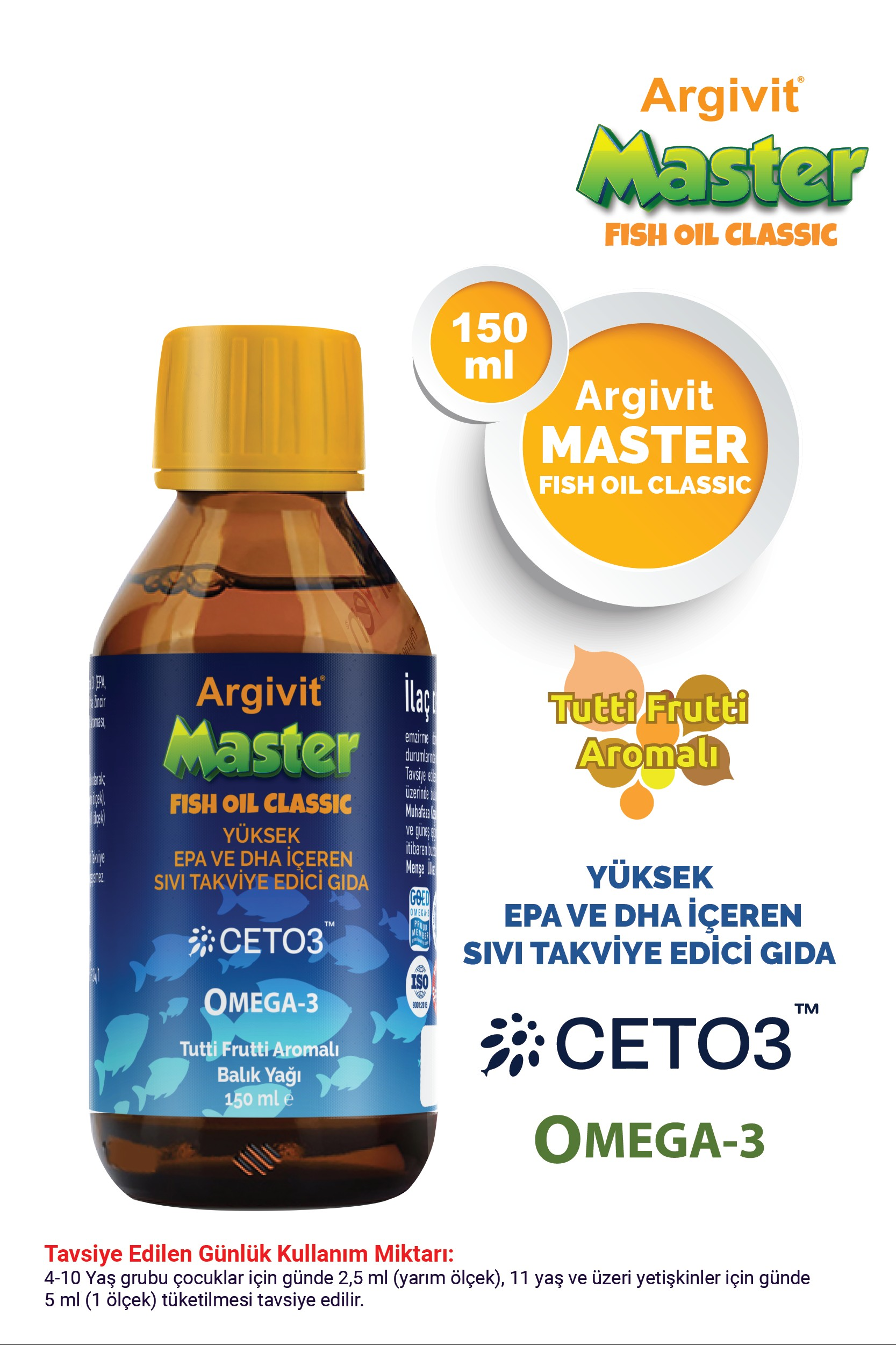 Argivit Master Fish Oil Yüksek Omega-3 (3000mg) İçeren Balık Yağı 150 ml - Tutti Frutti Aromalı