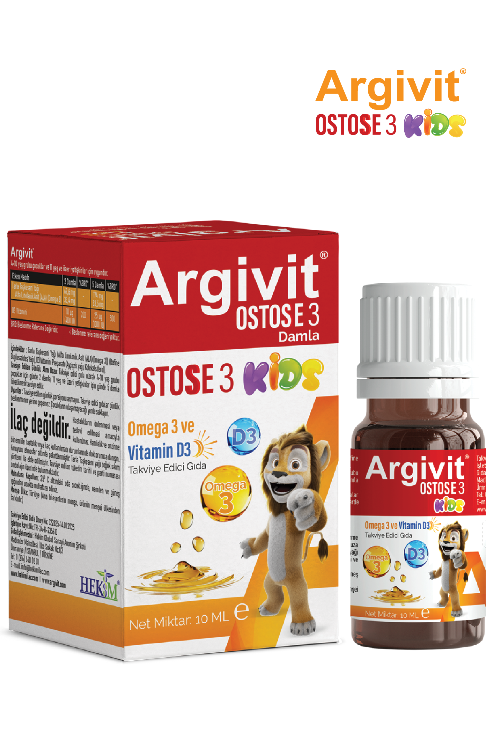 Argivit Ostose 3 Kids Omega 3 ve Vitamin D3 içeren Takviye Edici Gıda 10 ml