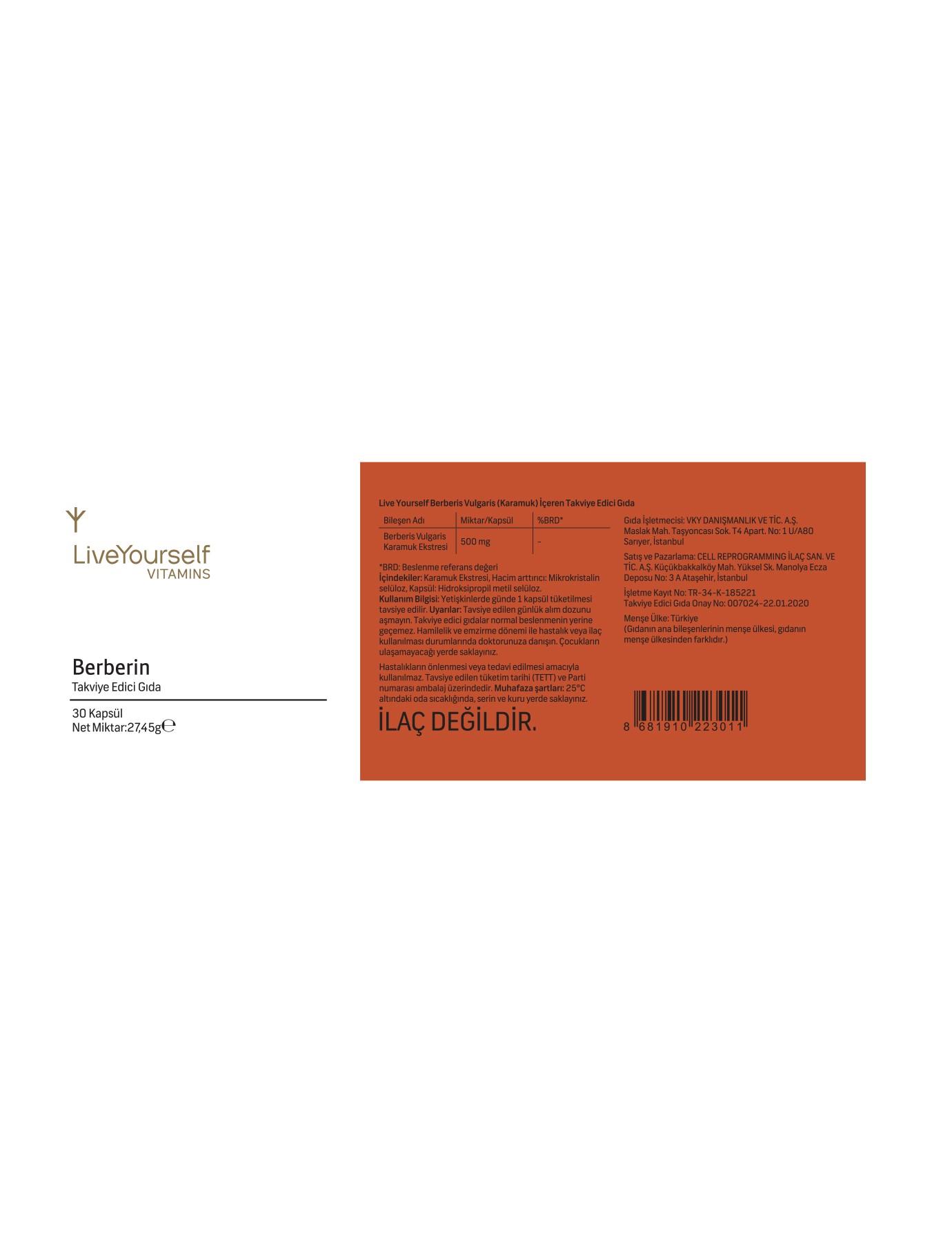 Live Yourself Berberin 500 mg, Berberis Vulgaris, Karamuk Ekstresi içeren Takviye Edici Gıda 30 Kapsül
