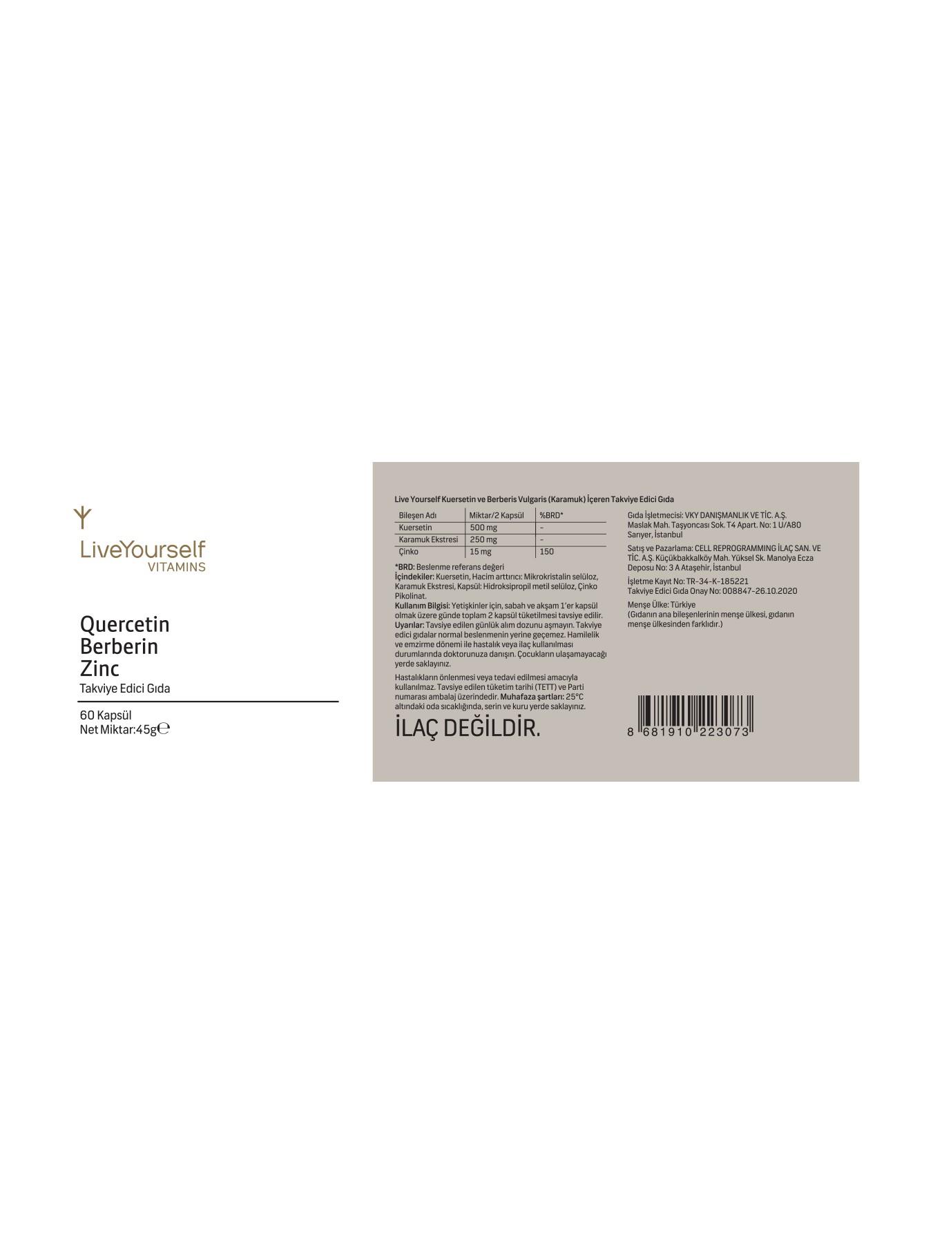 Live Yourself Quercetin Zinc, Berberis Vulgaris ve Çinko Pikolinat içeren Takviye Edici Gıda 60 Kapsül