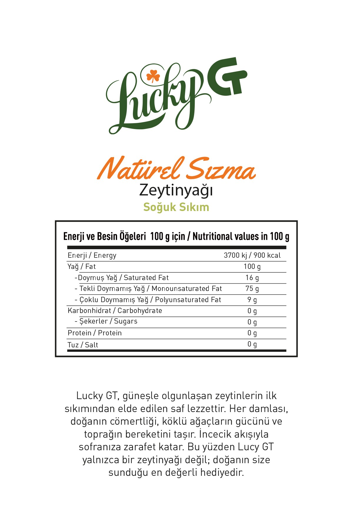 Lucky GT Natürel Sızma Soğuk Sıkım Zeytinyağı Premium Seri 750 ml