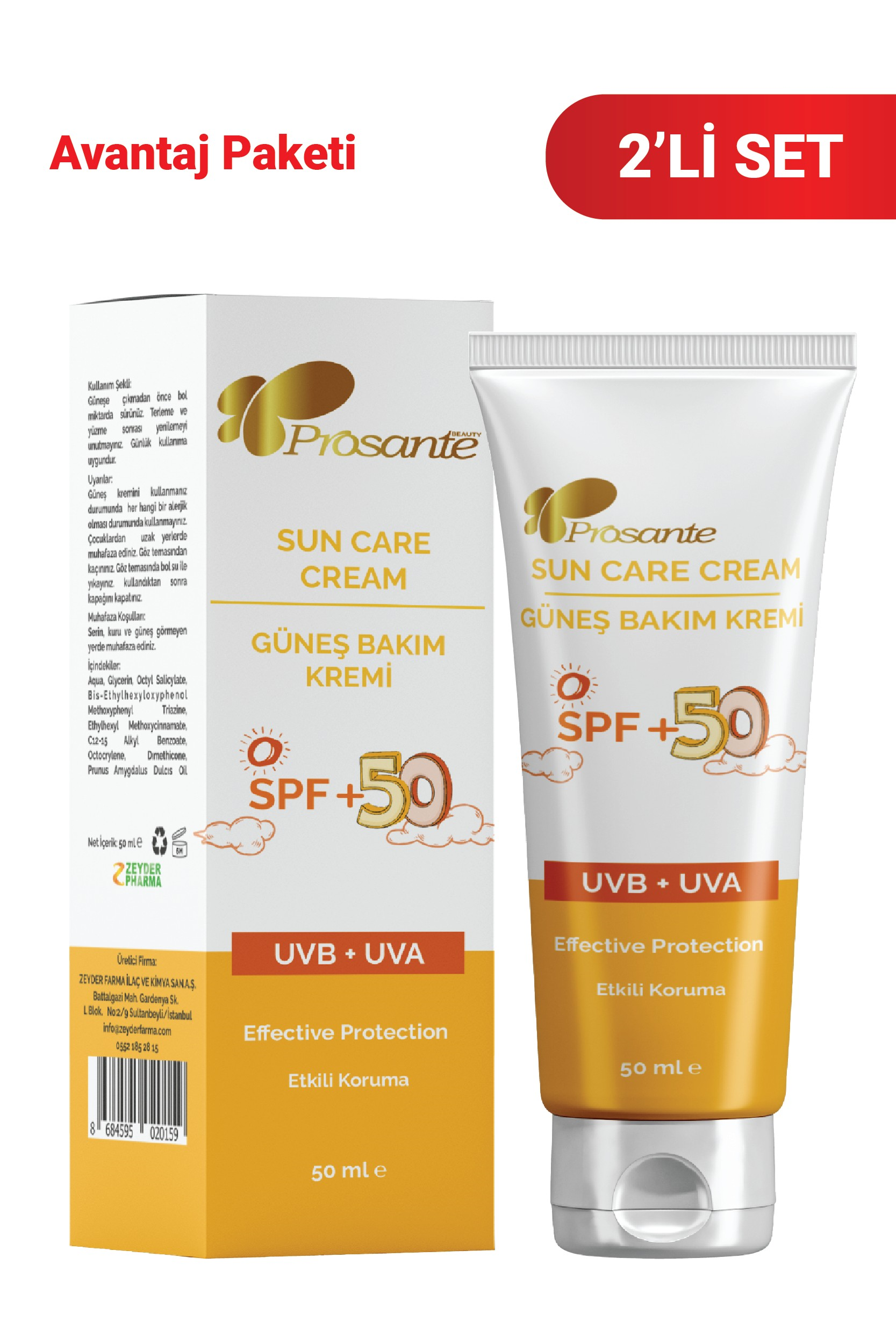Prosante Güneş Bakım Kremi Etkili Koruma SPF 50+UVB UVA 2'li Paket