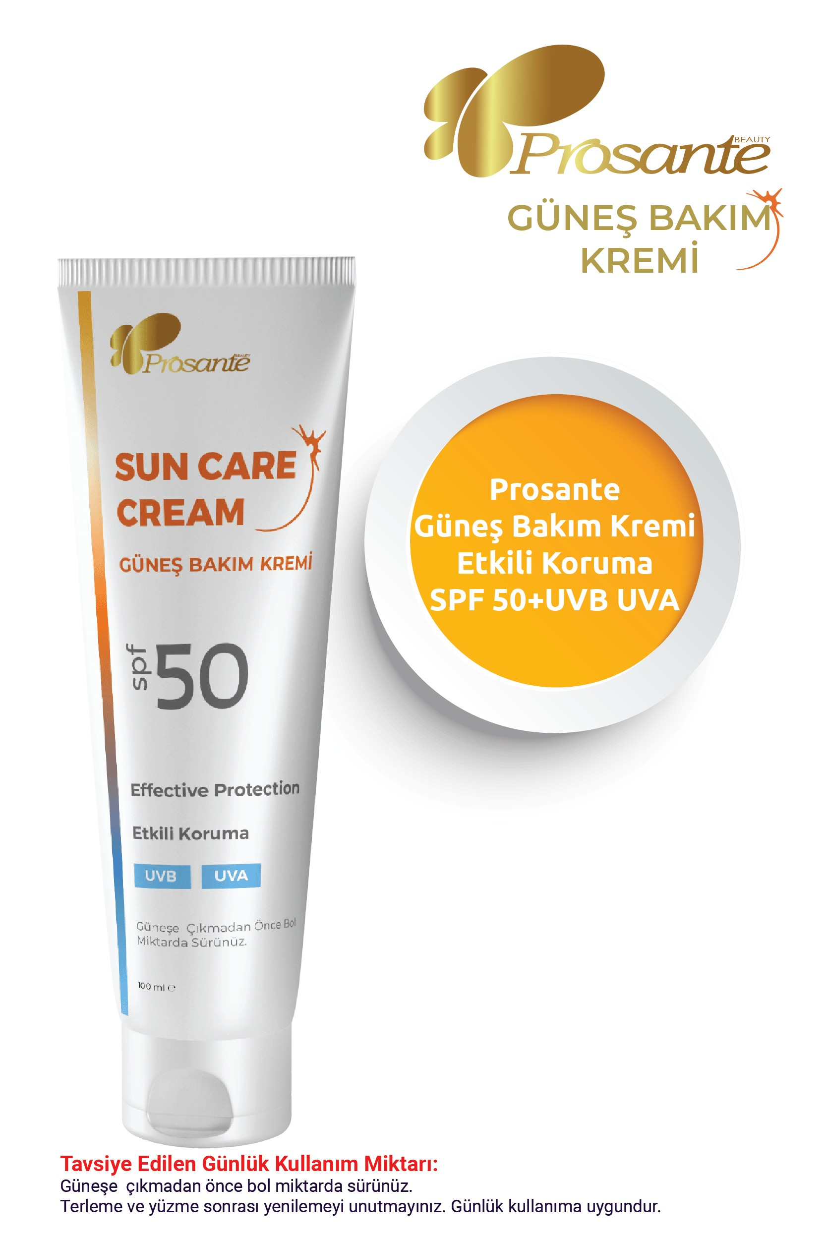 Prosante Güneş Bakım Kremi SPF 50 Etkili Koruma UVB UVA 100 ml