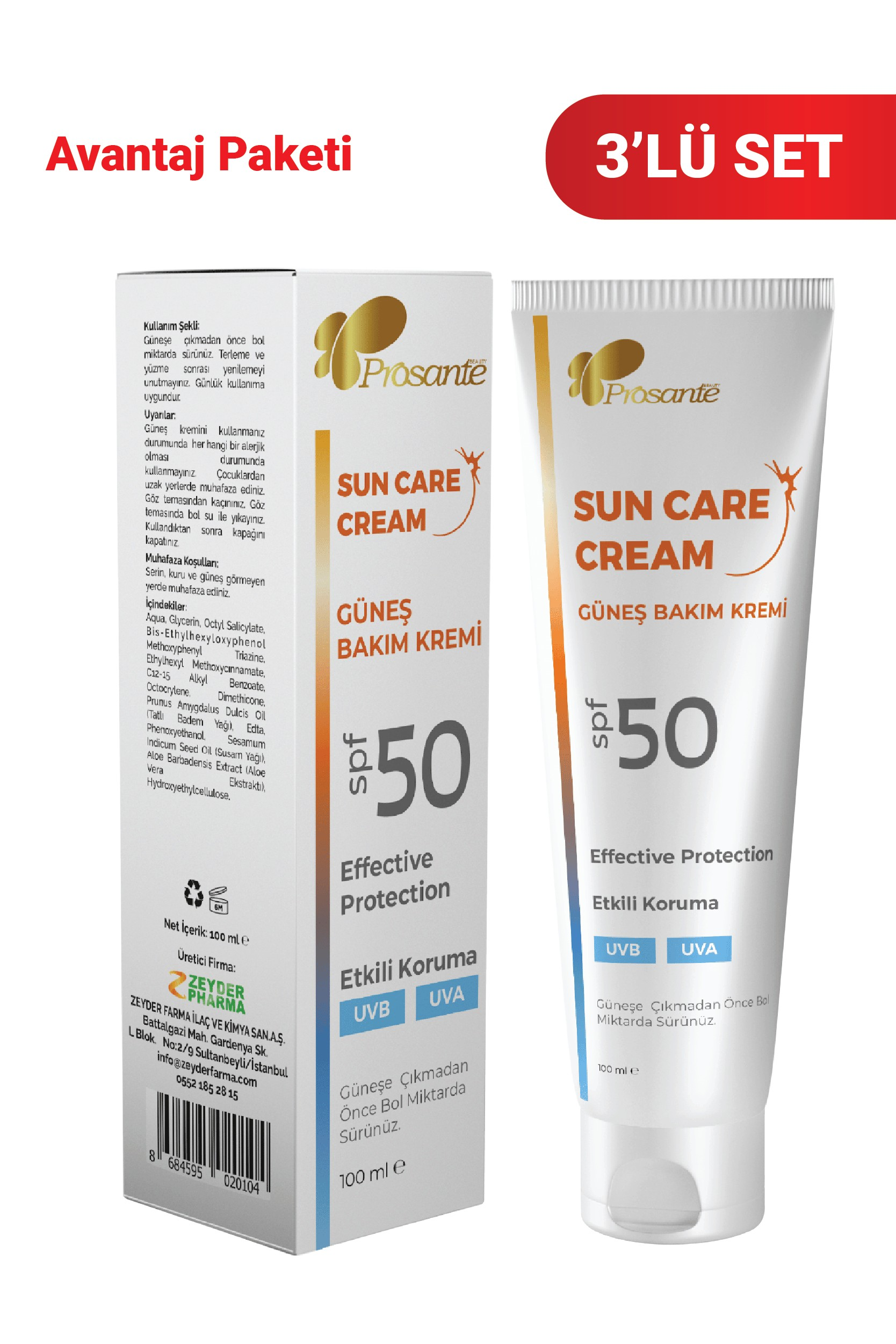 Prosante Güneş Bakım Kremi SPF 50 Etkili Koruma UVB UVA 100 ml 3lü Paket
