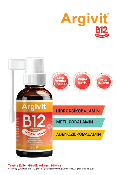 Argivit Active Plus B12 Vitamin 3lü Paket (Metilkobalamin, Hidroksikobalamin ve Adenozilkobalamin) Sprey 30 ml