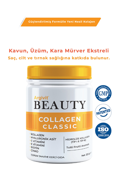 Argivit Beauty Collagen Classic Takviye Edici Gıda (Kolajen, Hyaluronik Asit, Vitamin C, Vitamin E, Biotin, Çinko, Kavun, Üzüm, Kara Mürver) 325 gr