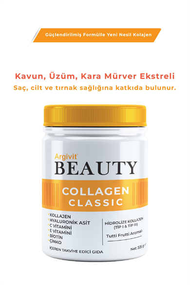 Argivit Beauty Collagen Classic Takviye Edici Gıda (Kolajen, Hyaluronik Asit, Vitamin C, Vitamin E, Biotin, Çinko, Kavun, Üzüm, Kara Mürver) 325 gr