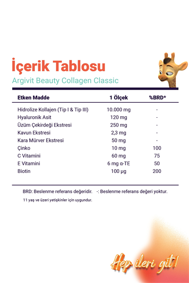 Argivit Beauty Collagen Classic Takviye Edici Gıda (Kolajen, Hyaluronik Asit, Vitamin C, Vitamin E, Biotin, Çinko, Kavun, Üzüm, Kara Mürver) 325 gr