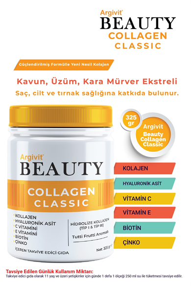 Argivit Beauty Collagen Classic Takviye Edici Gıda (Kolajen, Hyaluronik Asit, Vitamin C, Vitamin E, Biotin, Çinko, Kavun, Üzüm, Kara Mürver) 325 gr