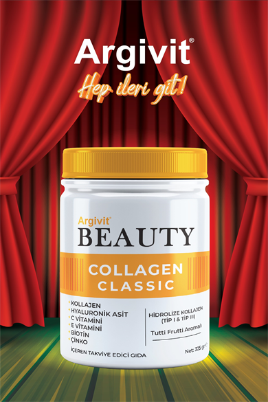 Argivit Beauty Collagen Classic Takviye Edici Gıda (Kolajen, Hyaluronik Asit, Vitamin C, Vitamin E, Biotin, Çinko, Kavun, Üzüm, Kara Mürver) 325 gr
