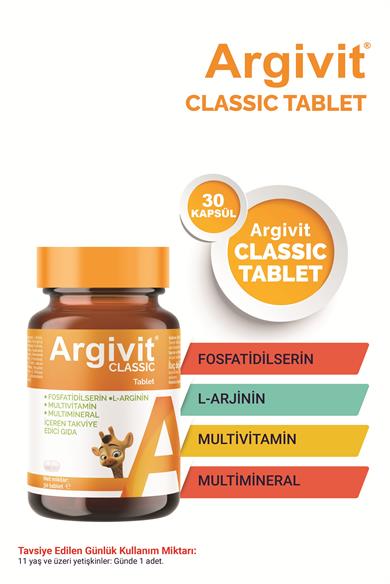 Argivit Classic Fosfotidilserin, L-Arjinin, Multivitamin ve Multimineral İçeren Tablet 2’li Paket  30 Tablet