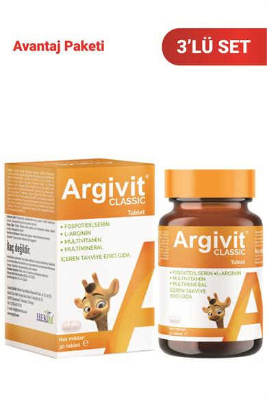 Argivit Classic Fosfotidilserin, L-Arjinin, Multivitamin ve Multimineral İçeren Tablet 3’lü Paket 30 Tablet