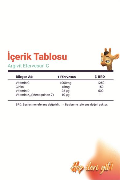 Argivit Efervesan C Tablet C Vitamini, Çinko, D Vitamini ve K2 Vitamini (Menaquinon 7) İçeren 10 Saşe