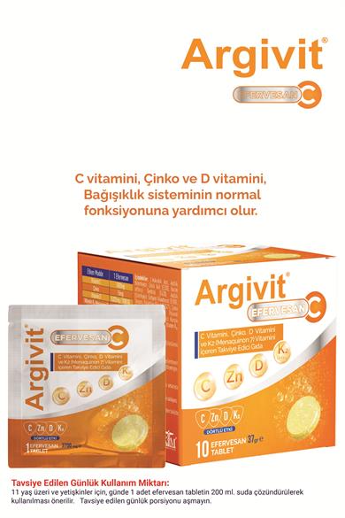 Argivit Efervesan C Tablet C Vitamini, Çinko, D Vitamini ve K2 Vitamini (Menaquinon 7) İçeren 10 Saşe