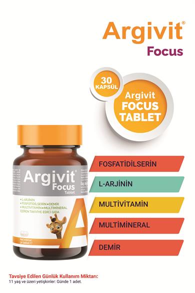Argivit Focus 3’lü Paket L-Arjinin, Fosfotidilserin, Demir, Multivitamin ve Multimineral İçeren Tablet 30 Tablet