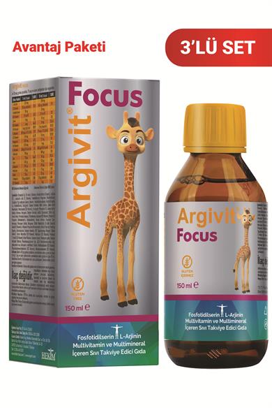 Argivit Focus Fosfotidilserin, L-Arjinin, Multivitamin ve Multimineral İçeren Sıvı 3’lü Paket 150 ml - Portakal ve Vanilya Aromalı