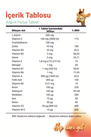 Argivit Focus L-Arjinin, Fosfotidilserin, Demir, Multivitamin ve Multimineral İçeren Tablet 30 Tablet