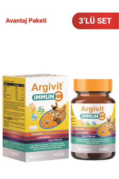 Argivit Immun C Tablet 3’lü Paket ( Kara Mürver, C Vitamini, Çinko, Kuersetin, Laktoferrin, Üzüm ) 30 Tablet