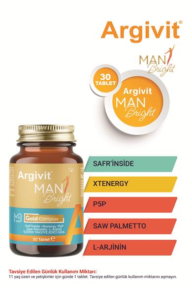 Argivit Man Bright Tablet 2’li Paket ( Cüce Palmiye (Saw Palmetto), Safran, Isırgan ve L-Arjinin ) 30 Tablet