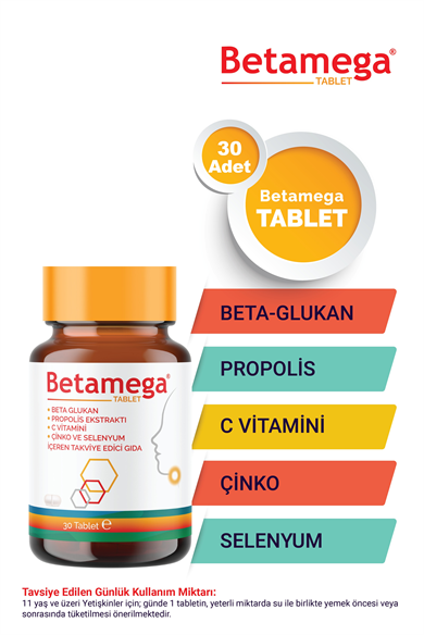 Betamega Tablet 30 Tablet Betaglukan, Propolis Ekstraktı, C Vitamini, Çinko, Selenyum